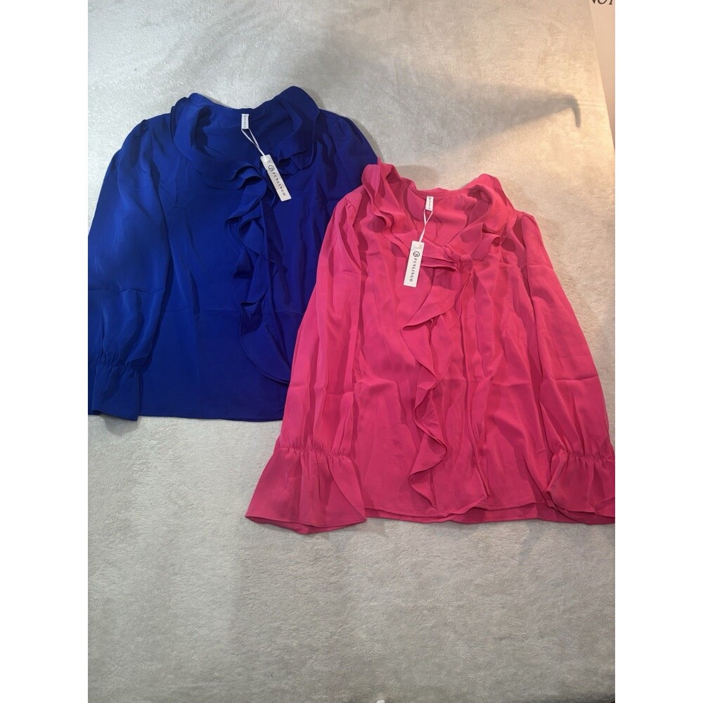 NEW Set Of 2 Going Out Ruffle Blouses  XL Polyester V-neck Royal  Blue Hot Pink